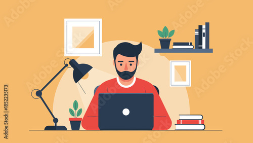Man working from home sits at desk with laptop in cozy, illustrated workspace