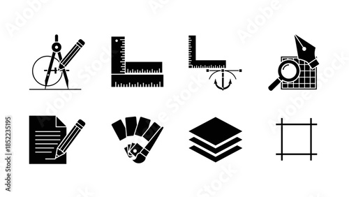 Graphic design element icons showcasing tools and workflow process