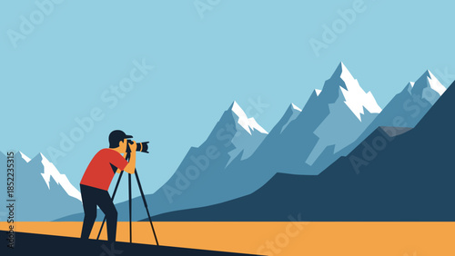 Photographer capturing mountain landscape with tripod in scenic outdoor setting