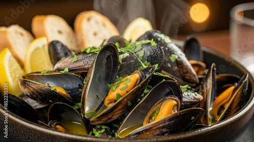 Steaming Mussels in a Savory Seafood Dish with Bread Slices on a Rustic Dining Platter.