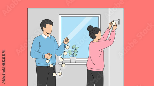 Couple decorates with string lights, creating a cozy ambiance indoors illustration