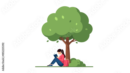 Girl reading book under lush green tree providing cool shade on a sunny day