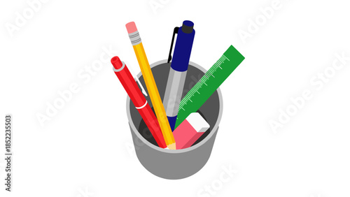 Pencils, pens, ruler and eraser in gray holder illustration, office supplies