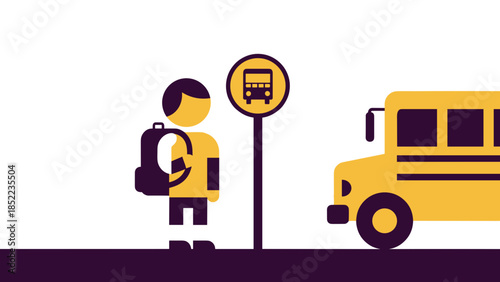 Schoolboy at bus stop with yellow bus illustration, education transportation
