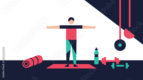 Minimalist athletic man poses with equipment in personal fitness studio