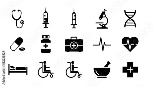Medical icons set featuring stethoscope, syringe, microscope, and wheelchair