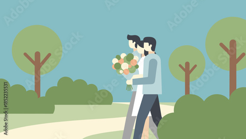 Newlywed couple strolls through park holding a celebratory floral bouquet