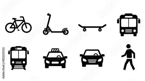Various transportation options and a pedestrian icon outlined in silhouette