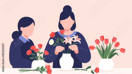 Two women arranging fresh flowers in vases, creating floral designs indoors