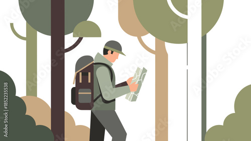 Lost hiker orienteering using map in the forest, adventure travel illustration