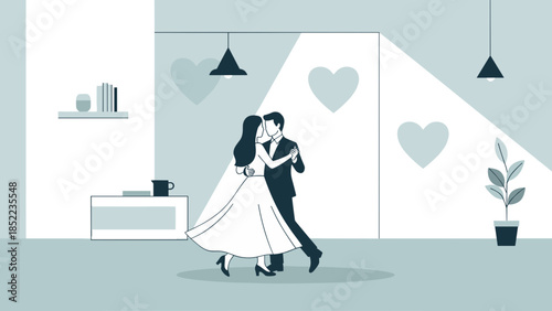 Elegant couple dances tenderly in a minimally designed room with glowing hearts