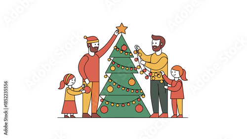 Family decorating christmas tree with star topper holiday moment together