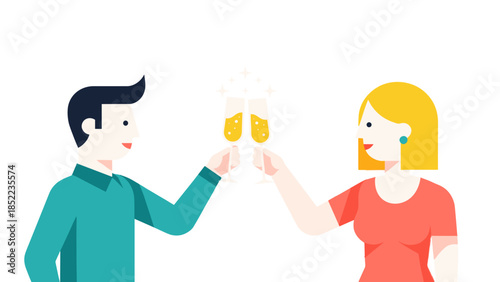 Couple toasting with beer glasses celebrating, raising glasses, illustration