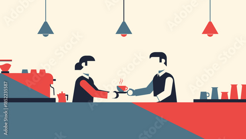 Coffee barista passes drink to customer inside vibrant cafe setting