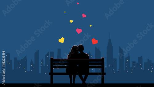 Romantic couple sitting on bench under hearts in city silhouette at night