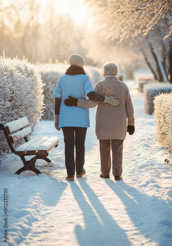Caregiver Gently Supporting Elderly Woman During Winter Walk at Golden Hour in Snowy Park