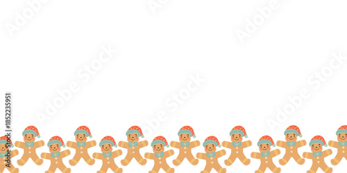 Festive illustrated gingerbread cookies wearing Santa hats form a cheerful border on a white background. Ideal for Christmas designs, holiday greetings, seasonal banners, and playful winter concepts.