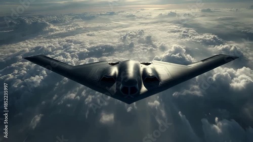 B2 Spirit stealth bomber aircraft flying above clouds representing United States military aviation strategic air power advanced aerospace engineering national defense and modern stealth technology