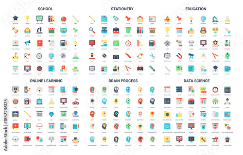 Colorful set of 180 simple flat icons covering school stationery education online learning brain process, data science perfect for web apps infographics and presentations vector illustration