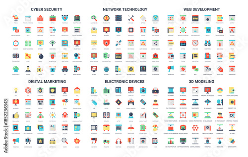 Collection of 180 simple flat icons covering cyber security, network technology, web development, digital marketing, electronic devices, and 3D modeling isolated vector illustration