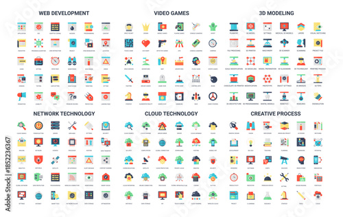 Collection of 180 simple flat icons covering web development, video games, 3D modeling, network, cloud technology, and creative process for digital projects isolated vector illustration