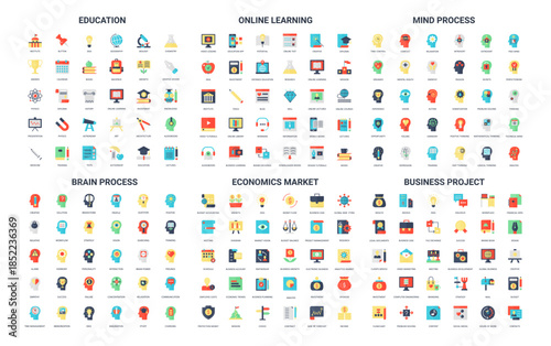 Colorful set of 180 simple flat icons representing education, online learning, mind process, brain process, economics market, and business project concepts isolated vector illustration