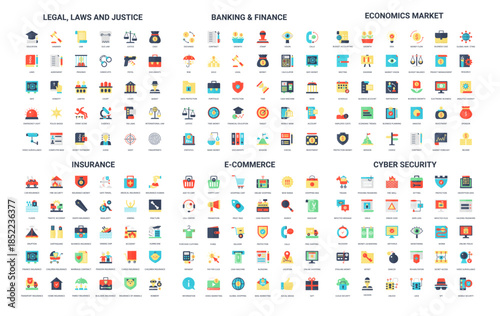 Collection of 180 simple flat icons covering legal, finance, economics, insurance, e-commerce, and cyber security topics, perfect for web, app, and presentation design isolated vector illustration