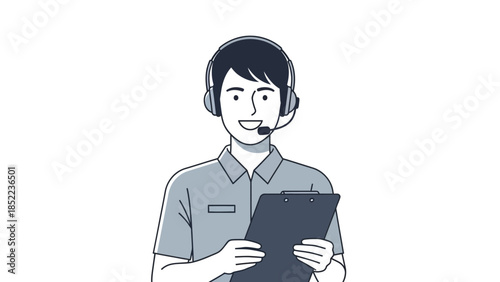 A smiling customer service representative wearing a headset and holding a clipboard, illustration