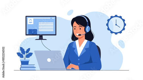 Professional woman with headset and laptop working in a modern office environment with a clock in the background