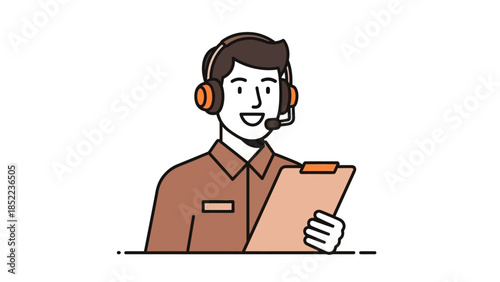 Customer service agent with headset and clipboard, providing assistance and support