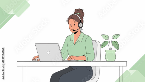 Customer service representative working on a laptop at her desk with a headset and a plant nearby