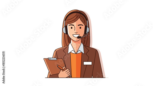 Customer service representative with headset and clipboard, ready to assist