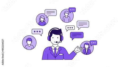Customer service representative with headset and chat bubbles illustrating communication and connection with clients