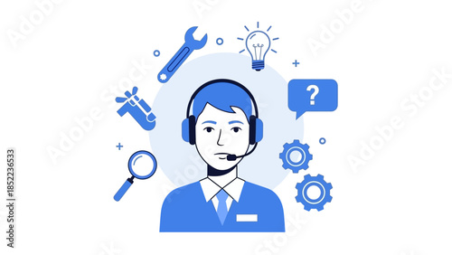 Customer service representative with headset and surrounding icons representing support and solutions