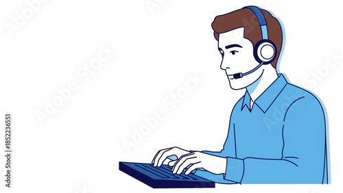 Customer service representative wearing headset and typing on keyboard, man in headset working in call center