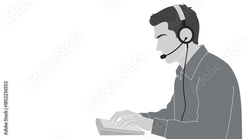 A person wearing headphones and a microphone, typing on a keyboard in a grayscale illustration, representing communication and customer service