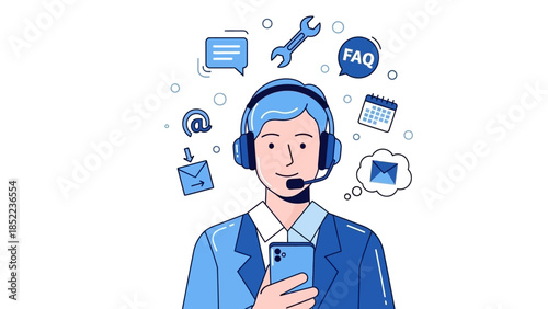 Customer service agent with headset and smartphone surrounded by communication icons