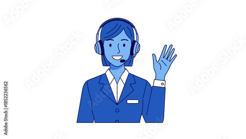 Customer service representative with a headset and suit, waving hello in a friendly gesture