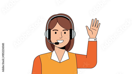 Illustration of a friendly female customer service representative wearing a headset and waving hello
