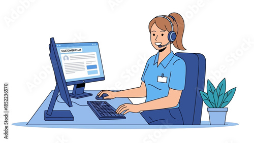 Customer service representative working at a computer in an office setting, wearing a headset and smiling