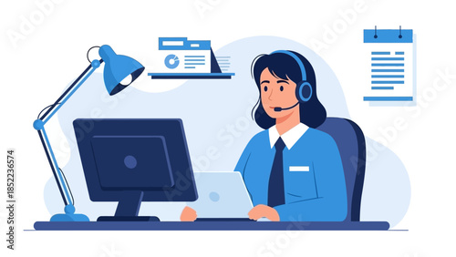 Customer service representative with headset working on a computer at her desk