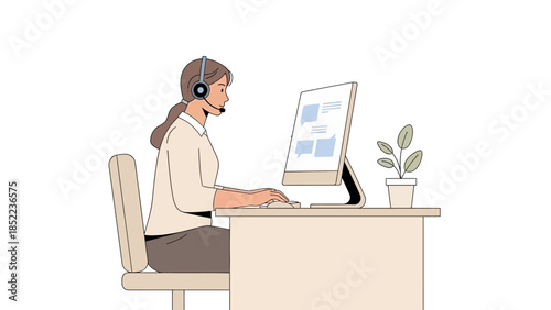 Professional woman working at a computer with headset, symbolizing customer service and remote work