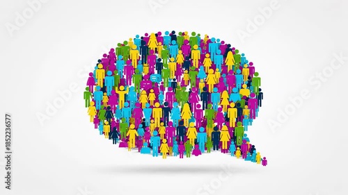 Colorful group of diverse people icons forming a speech bubble illustration.