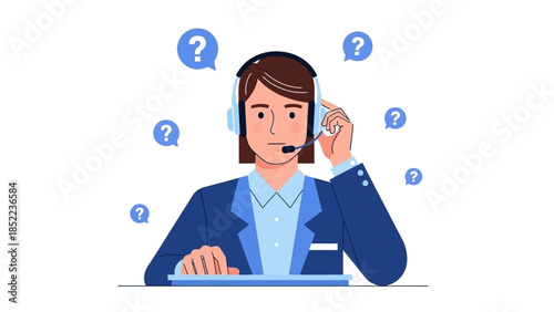 Professional Customer Service Representative with Headset and Question Marks Symbolizing Support and Inquiry