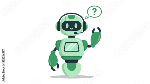 Friendly Robot Character with Headset, Offering Assistance with a Question Mark Thought Bubble, Ideal for Customer Service and Tech Support Concepts