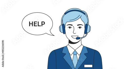 Customer service operator providing support and assistance to clients, with a speech bubble indicating help