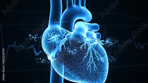Digital rendition of a human heart with blue glow and neural network overlay.