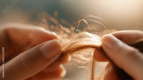 Close up of damaged hair strands between fingers showing split ends dryness and breakage concept of hair care treatment beauty routine hair health problems salon care and cosmetic therapy