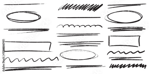 Hand drawn crayon highlight strokes with black underline marks and pencil textures. Rough freehand brush elements with wavy lines, doodle shapes and sketch effects for creative crayon designs.