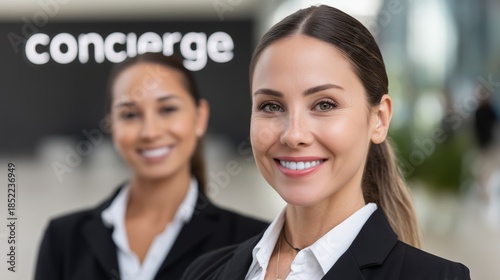 Woman and her colleague standing near a conciergerie sign. Professional hospitality service at a hotel or luxury residence.